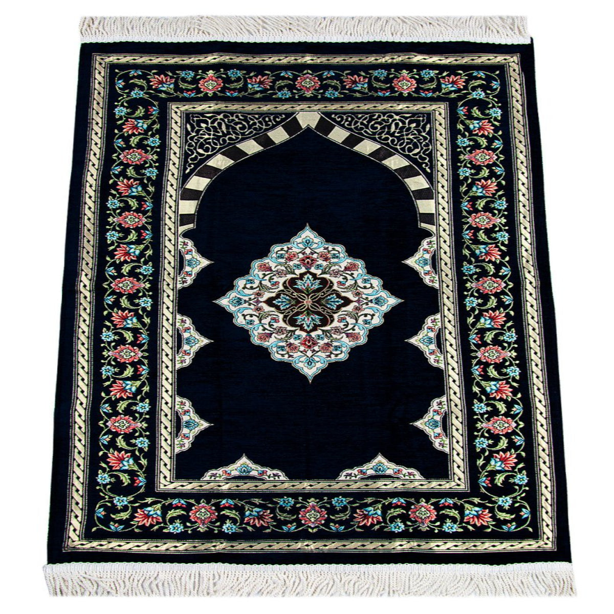 Dark Navy Blue Floral Motifed Lined Chenille Prayer Rug with MihrabDark Navy Blue Flower Motifed Lined Chenille Prayer Rug with Mihrab - TryAladdin