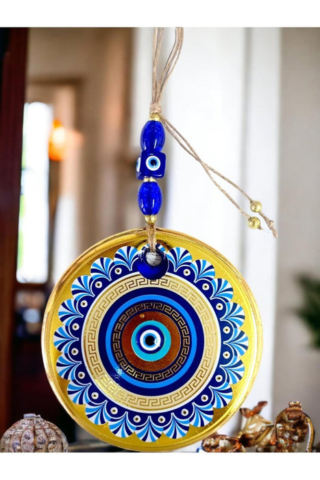 Mixperi | Golden Glass Blue Motif Nazar Beaded Wall Ornament