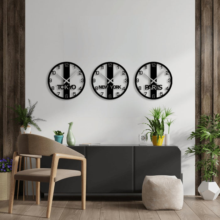 NR Dizayn | New York, Paris, Tokyo 3-Piece Decorative Metal Wall Clock