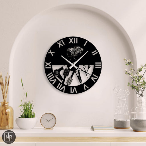 NR Dizayn | Women Hairdresser Detailed Metal Wall Clock NR Dizayn Wall Clocks