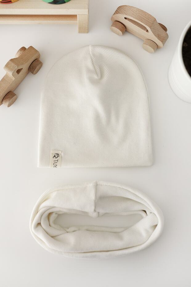 0 100% Cotton Ribbed Ecru Beanie & Neck Warmer Set - TryAladdin