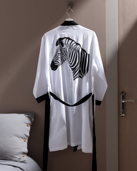 100% Cotton Muslin Bathrobe - Lightweight Black/White