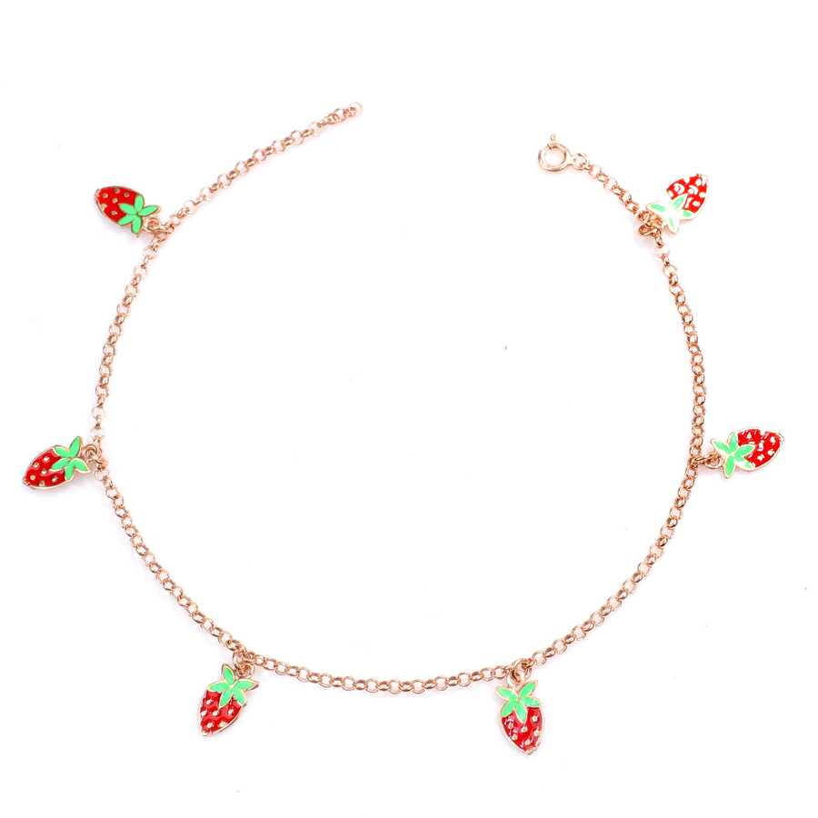 925 Sterling Silver Enamel Strawberry Charm Anklet - Summer Style