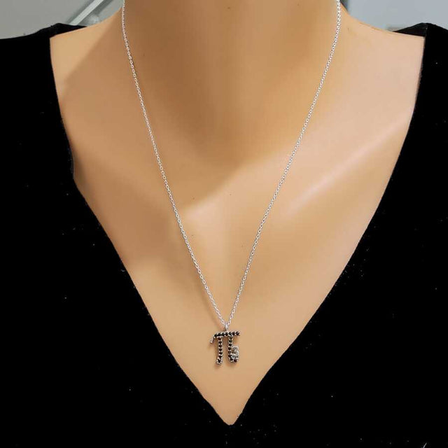 925 Sterling Silver Pi Symbol Necklace with Black Zircon Stone