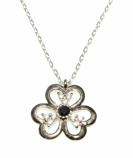 925 Sterling Silver Black Stone Flower Necklace - Elegant Nature Design