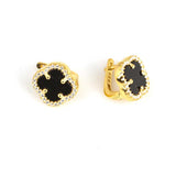 Elegant 925 Sterling Silver Clover Onyx Stud Earrings with Zircon Accents