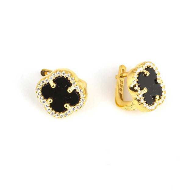 Elegant 925 Sterling Silver Clover Onyx Stud Earrings with Zircon Accents