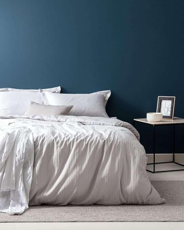 King Size Light Gray Striped Sateen Duvet Cover Bedding Set