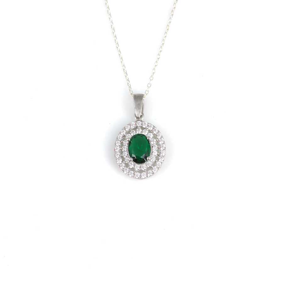 925 Sterling Silver Double Row Halo Emerald Zircon Necklace