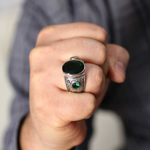 Hand-Engraved 925 Sterling Silver Men's Ring with Synthetic Emerald