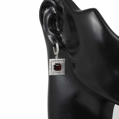 925 Sterling Silver Square Garnet & Zircon Double Row Halo Earrings
