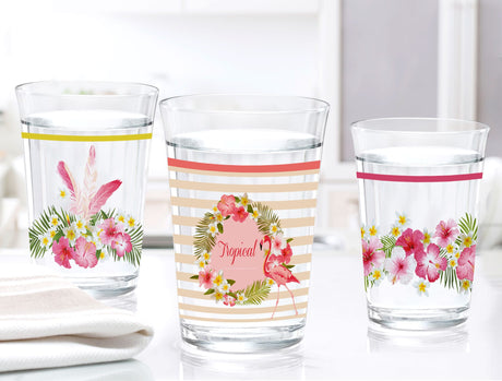 Glass 3-Piece Water Glass Set - Flamingo Pattern