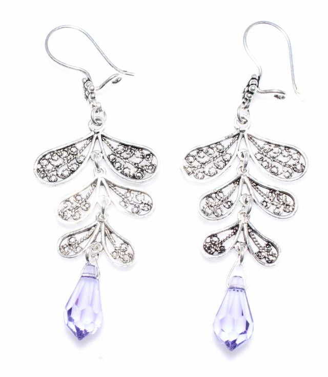 Swarovski Amethyst Leaf Motif Dangle 925 Sterling Silver Filigree Earring