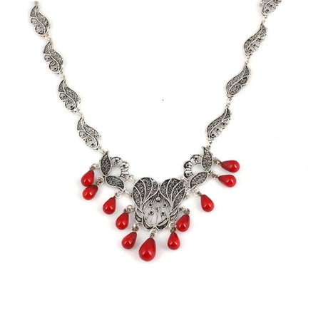 Handcrafted Sterling Silver Filigree Teardrop Coral Necklace