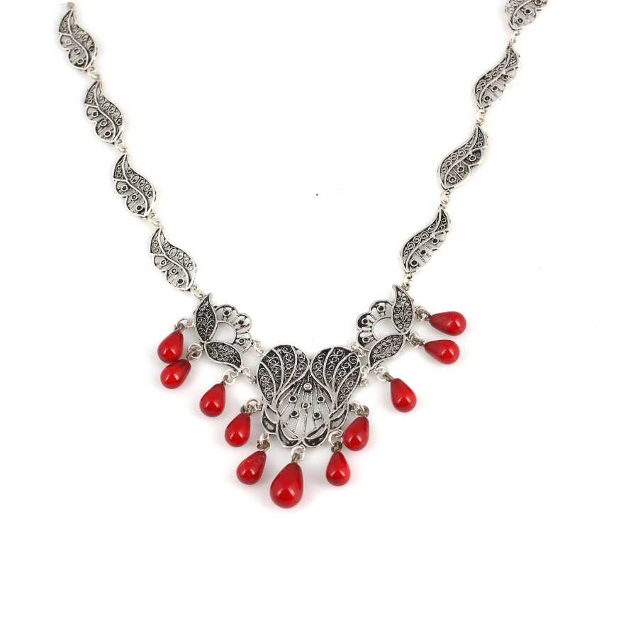 Handcrafted Sterling Silver Filigree Teardrop Coral Necklace