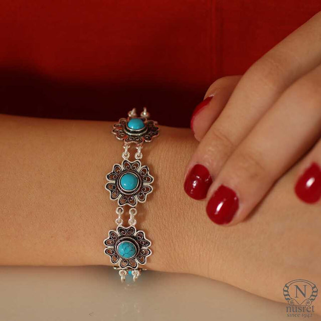Exquisite 925 Sterling Silver Floral Filigree Turquoise Bracelet