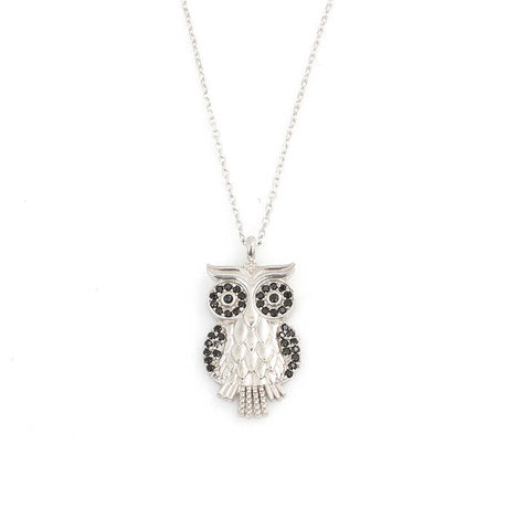 925 Sterling Silver Onyx Owl Design Pendant Necklace