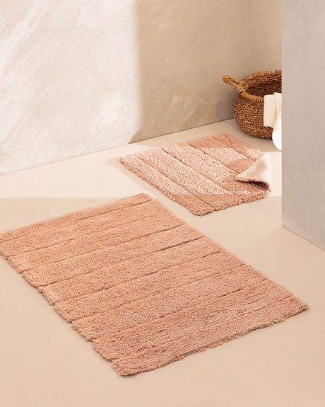 Soft Cotton Bath Mat Set - 2 Absorbent Bathroom Rugs, Powder Pink