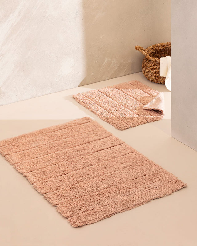 Soft Cotton Bath Mat Set - 2 Absorbent Bathroom Rugs, Powder Pink