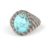 925 Sterling Silver Men's Ring with Oval Turquoise & Hand Engraving