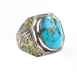 Handcrafted 925 Sterling Silver Men's Ring with Real Turquoise & Engraving