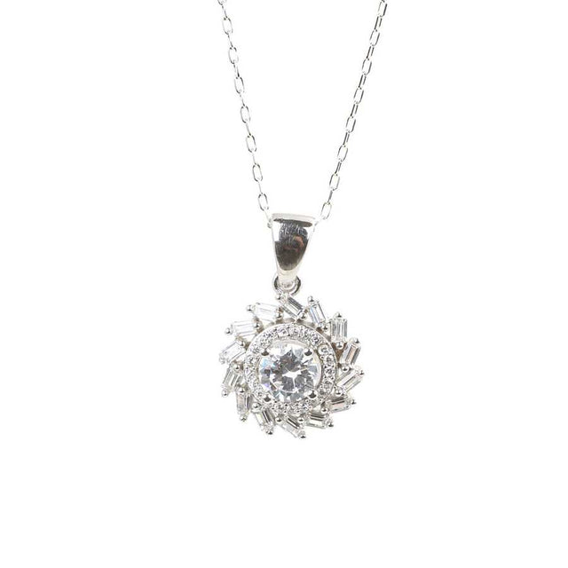 925 Sterling Silver Wind Rose Pendant Necklace - Baguette Zircon