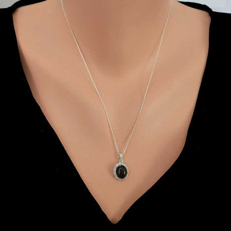 Premium Sterling Silver Large Oval Onyx Flower Necklace