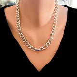 925 Sterling Silver Hollow Figaro Chain Necklace with Amethyst Zircon Clasp