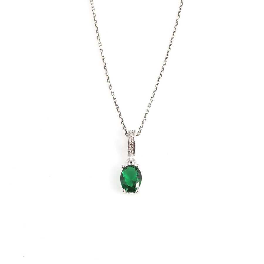 Classic Sterling Silver Oval Synthetic Emerald Pendant Necklace