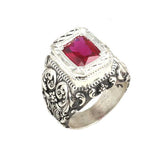 Sterling Silver Men's Ring - Rectangular Red Zircon & Hand Engraved