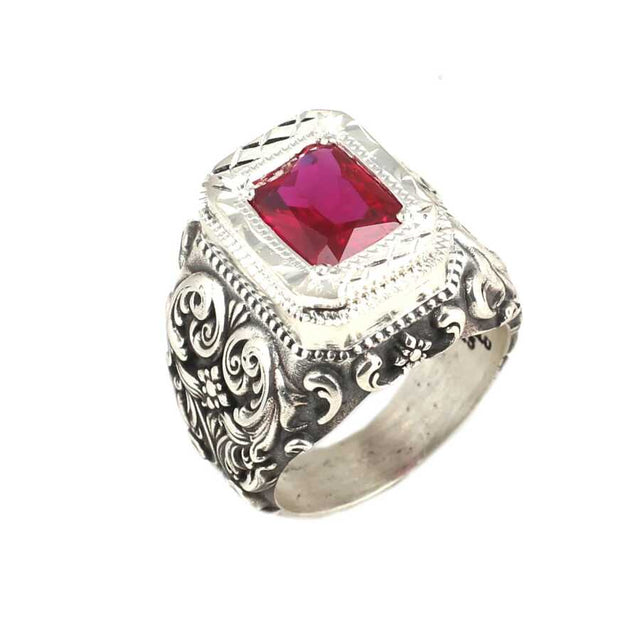 Sterling Silver Men's Ring - Rectangular Red Zircon & Hand Engraved
