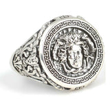 925 Sterling Silver Medusa Head Ring - Embossed Greek Pattern
