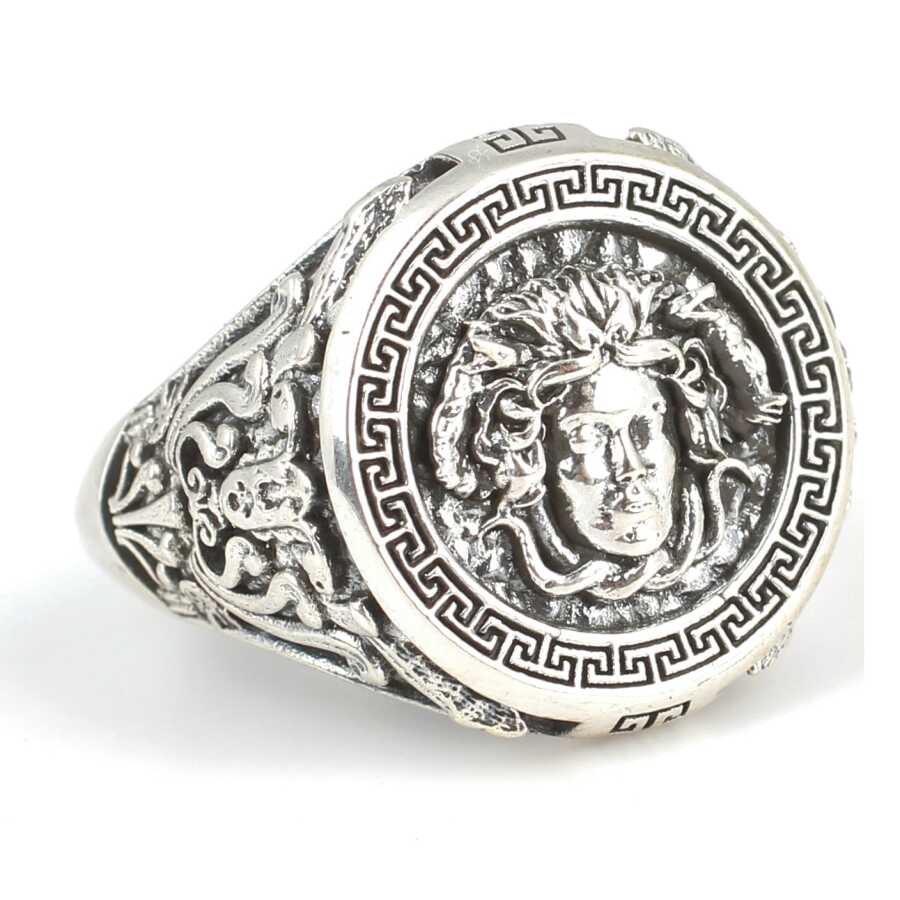 925 Sterling Silver Medusa Head Ring - Embossed Greek Pattern