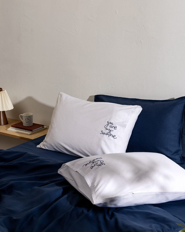 100% Cotton Embroidered Pillowcase Set - 2 Pack - White & Navy Blue