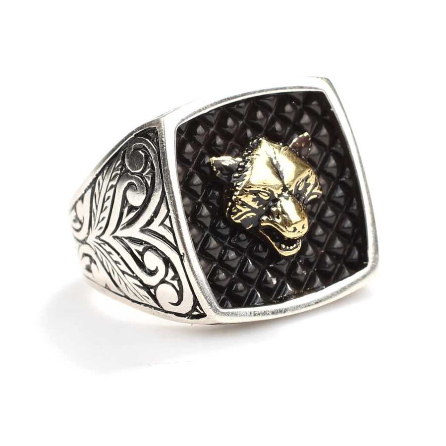 Sterling Silver Men's Ring - Wolf Head with Engraved Sides