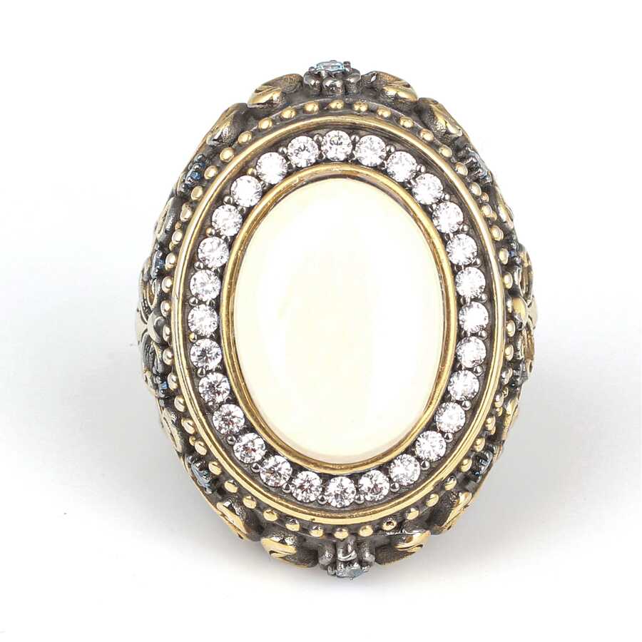 Anillo premium para hombre de plata de ley con circonio marfil y aguamarina