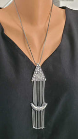 Oxidized Sterling Silver Triangle Moon Long Pendant Necklace