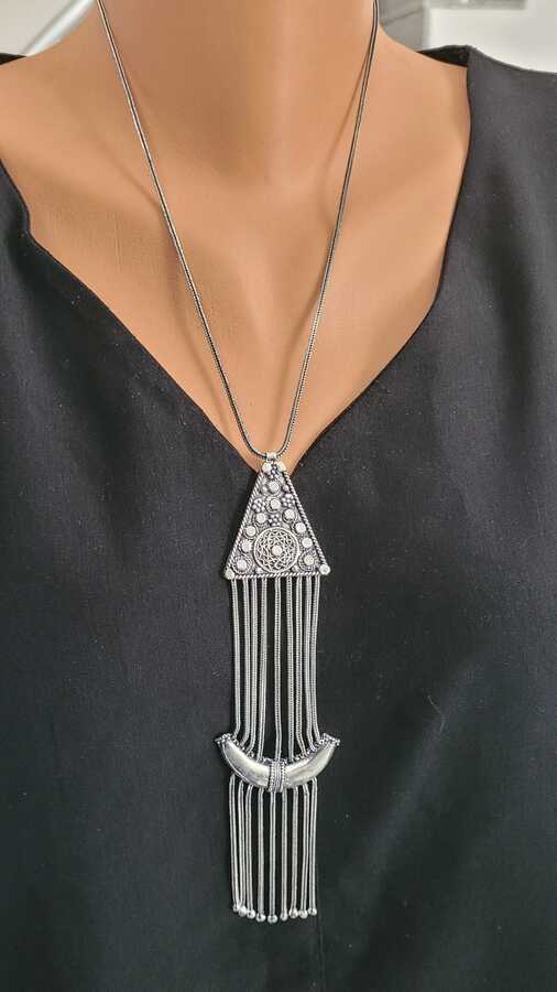 Oxidized Sterling Silver Triangle Moon Long Pendant Necklace