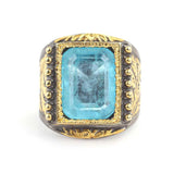 Sterling Silver Rectangular Aquamarine Men's Ring - Hand-Engraved
