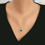 925 Sterling Silver Double Row Halo Square Emerald Zircon Necklace