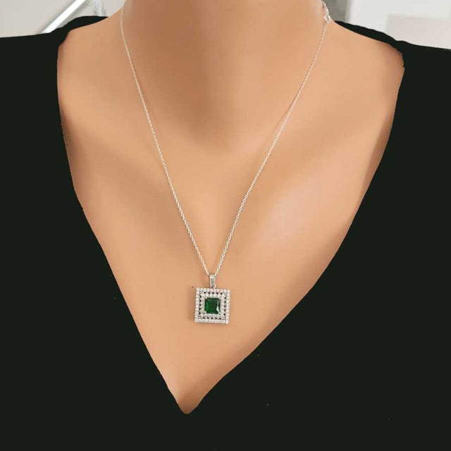 925 Sterling Silver Double Row Halo Square Emerald Zircon Necklace