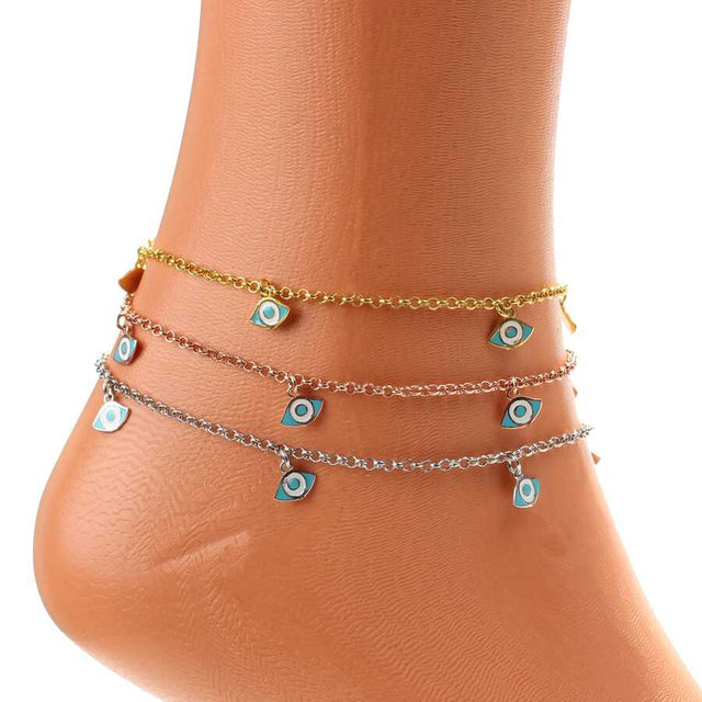 Sterling Silver Enamel Evil Eye Anklet - Dot Chain