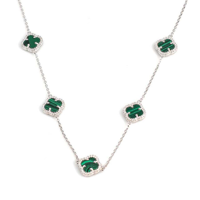 Sterling Silver Malachite Clover Necklace with Shimmering Zircon Accents