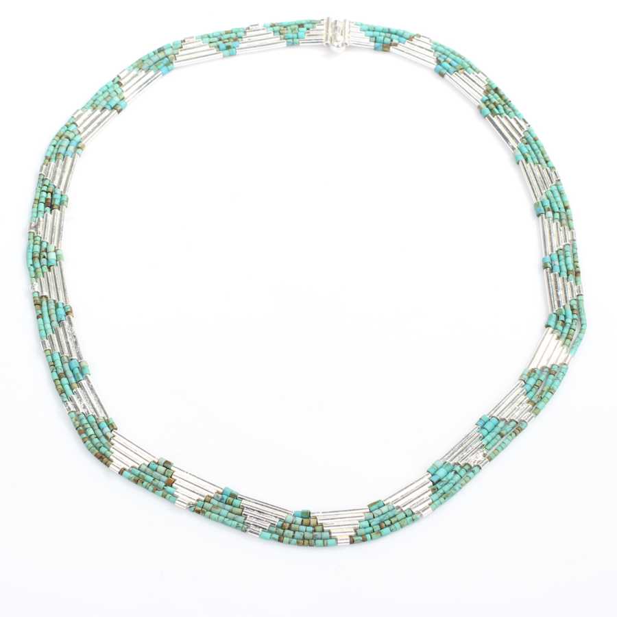 925 Sterling Silver Turquoise 5-Row Necklace - Unique Artisan Design