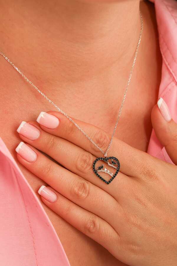 925 Sterling Silver Heart & Bird Necklace with Black Zircon Frame