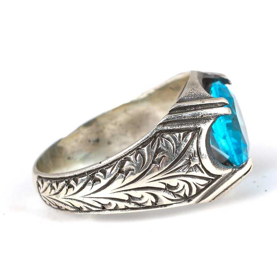 Premium Sterling Silver Oval Aquamarine Mens Ring