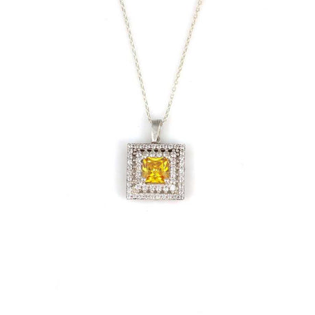 925 Sterling Silver Double Row Halo Square Zircon Pendant Necklace