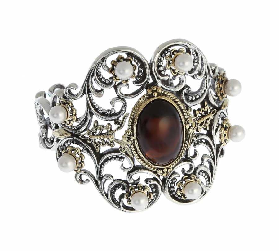 Professional Sterling Silver Pearl Tiger Eye Byzantine Cuff Bracelet