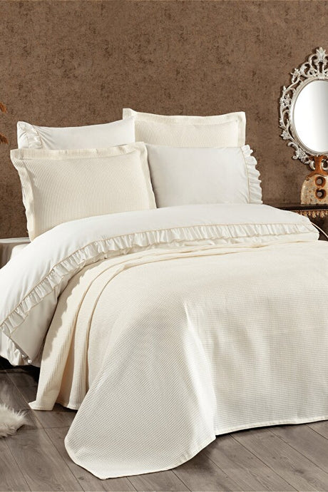 Fulya 7-Piece Cotton Ruffled Double Duvet Cover Set - Cream