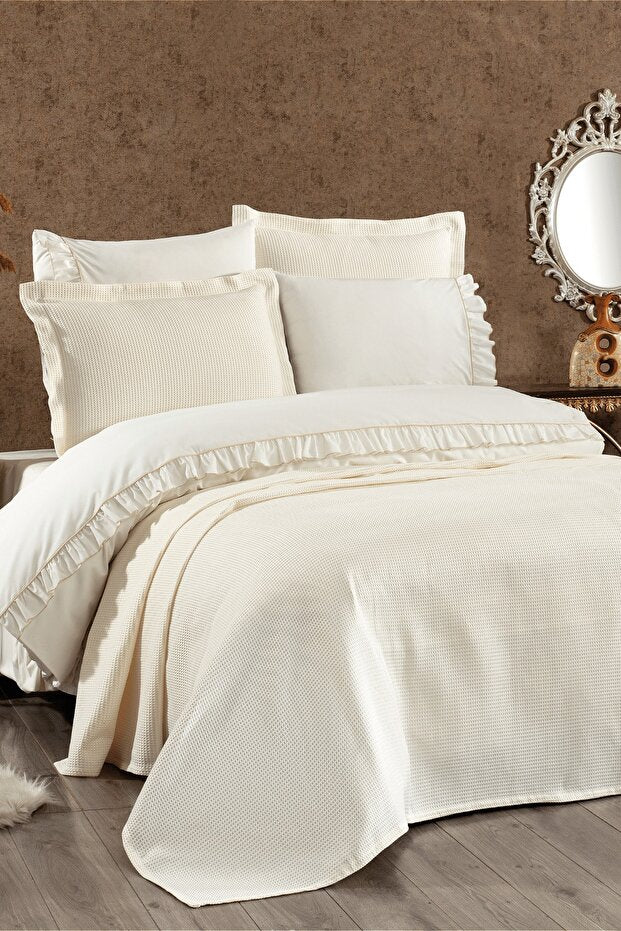 Fulya 7-Piece Cotton Ruffled Double Duvet Cover Set - Cream